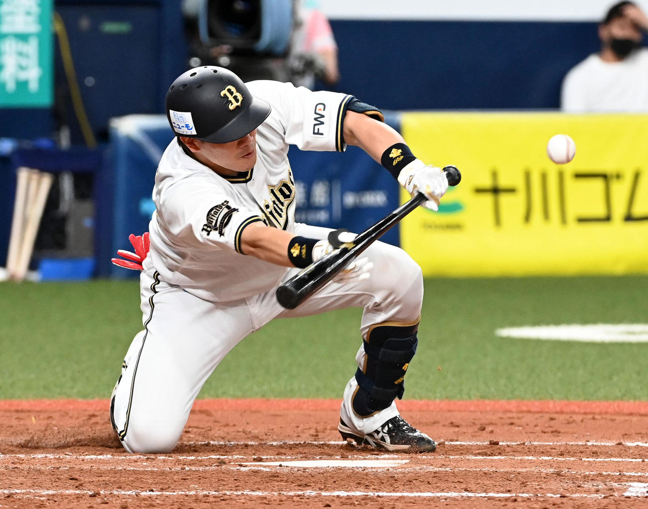 オリックス対西武　4回裏オリックス1死二、三塁、伏見は捕前スクイズを決める（撮影・前岡正明）