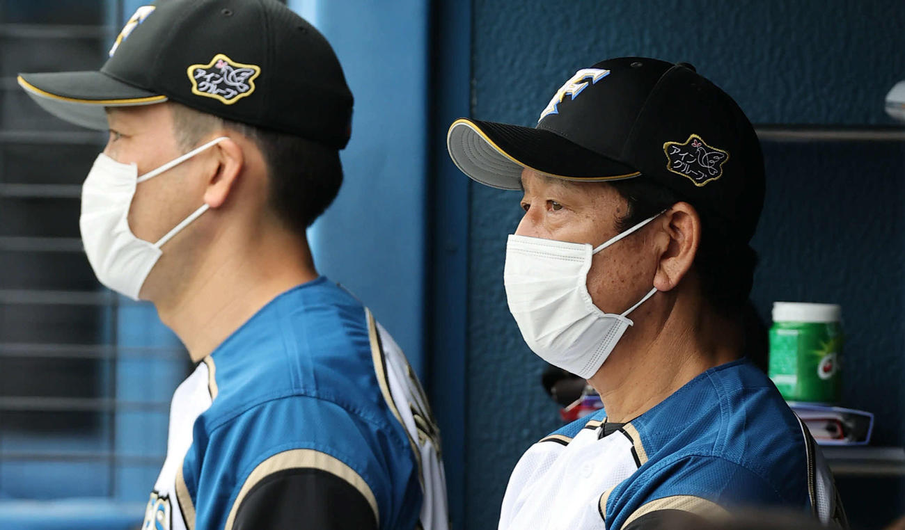 日本ハム対ロッテ　ベンチで腕を組み戦況を見つめる日本ハム栗山監督（中央）（撮影・垰建太）