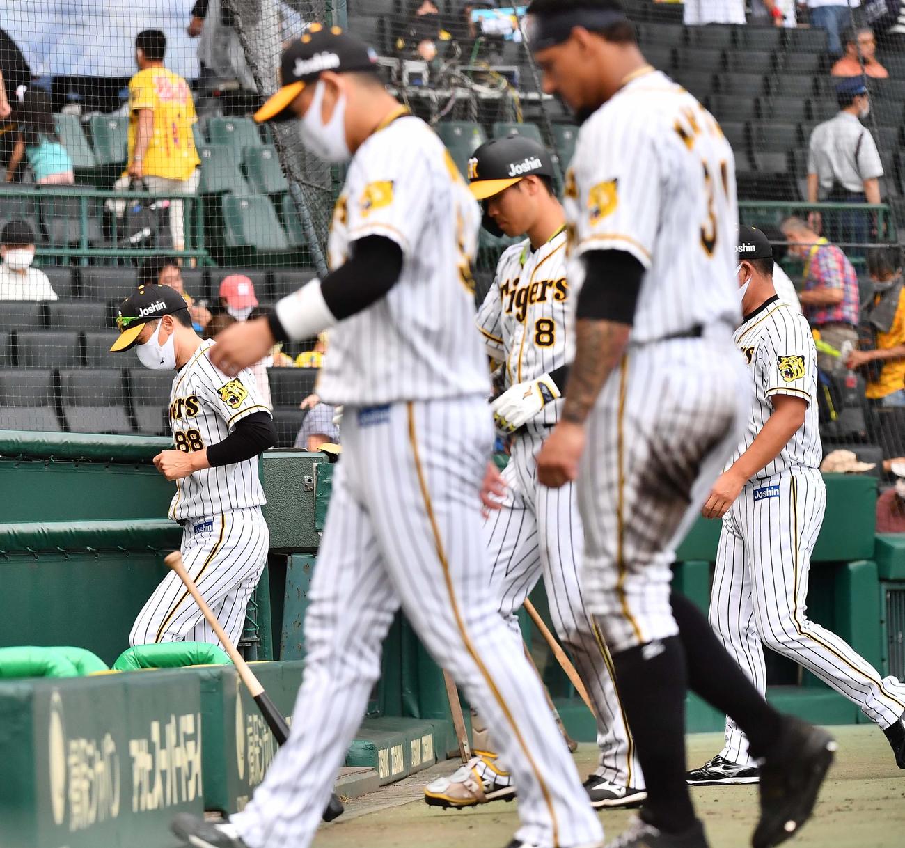 阪神対DeNA　矢野監督（左）はファンにあいさつしベンチへ引き揚げる（撮影・上田博志）