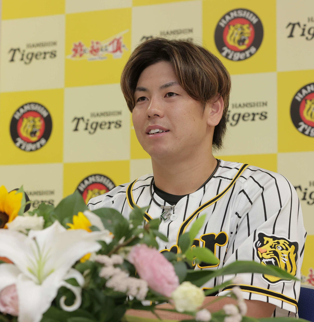 オールスターファン投票で選出され、会見に臨んだ梅野隆太郎（代表撮影）