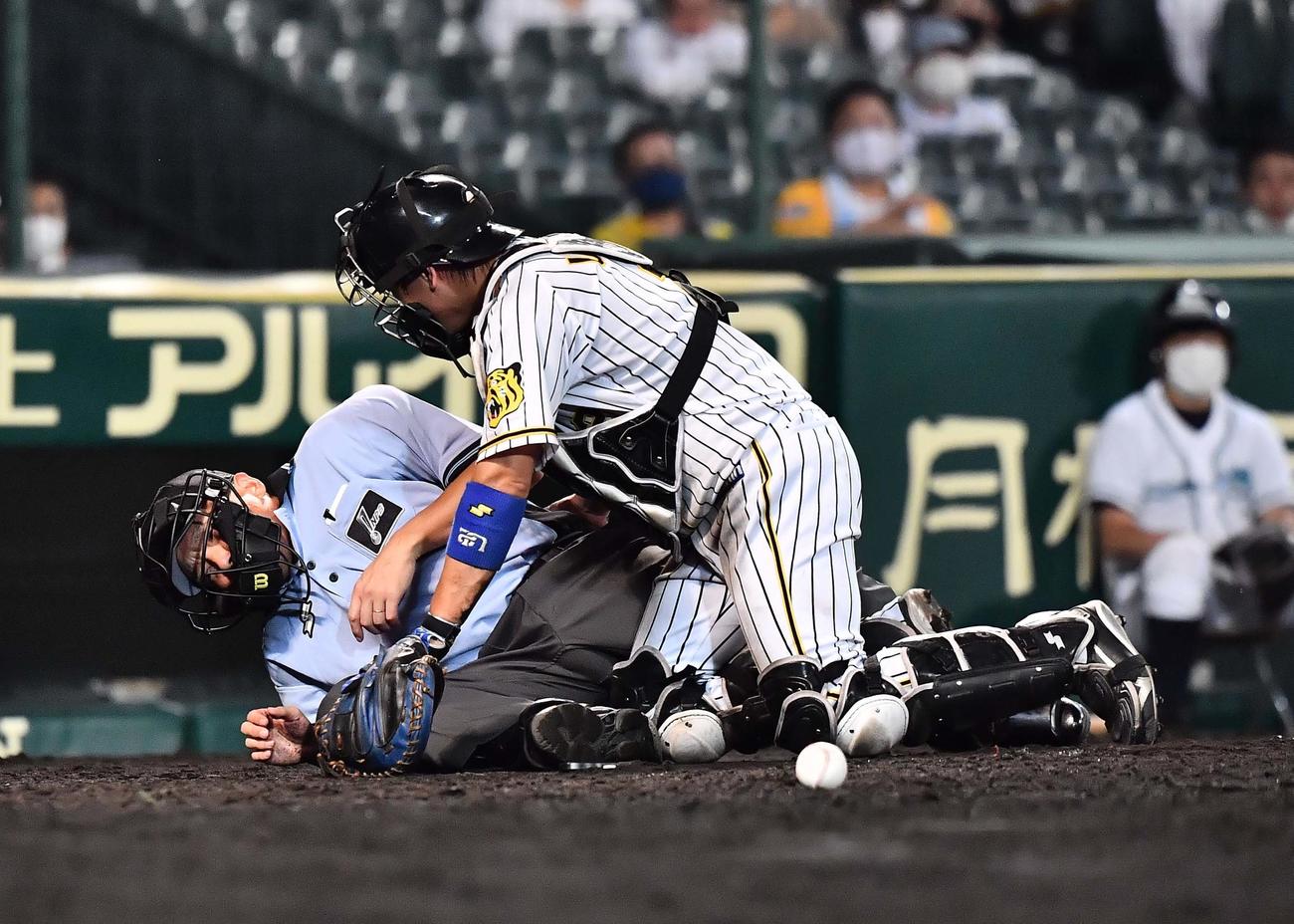 阪神対ヤクルト　ロベルト・スアレスの投球が当たり倒れ込む丹波幸一審判員（撮影・上田博志）