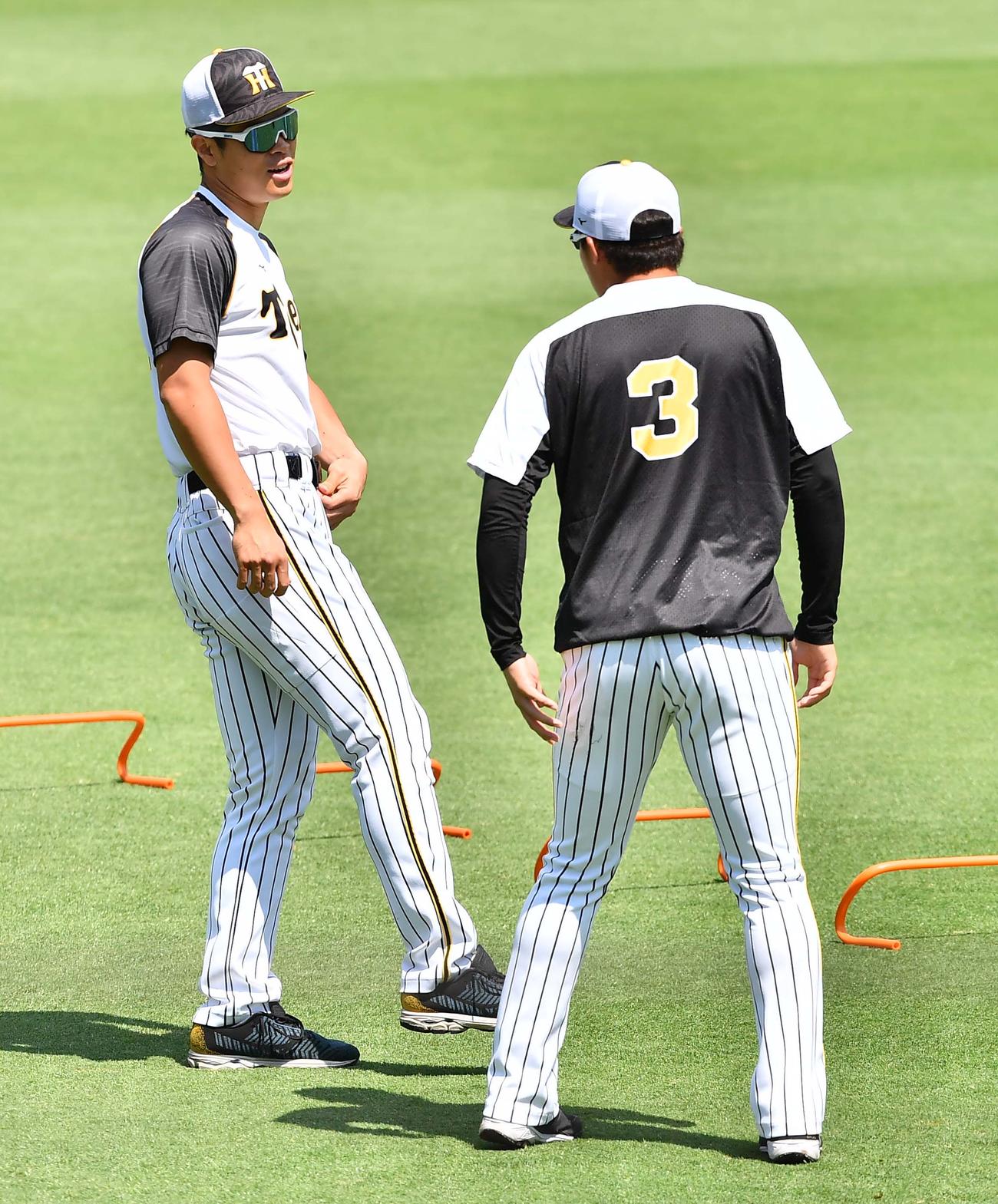 阪神対DeNA　大山悠輔（右）と話す佐藤輝（撮影・上田博志）