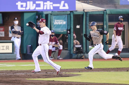 楽天対日本ハム　3回表日本ハム無死、西川（右）を一ゴロに仕留める田中将（撮影・垰建太）