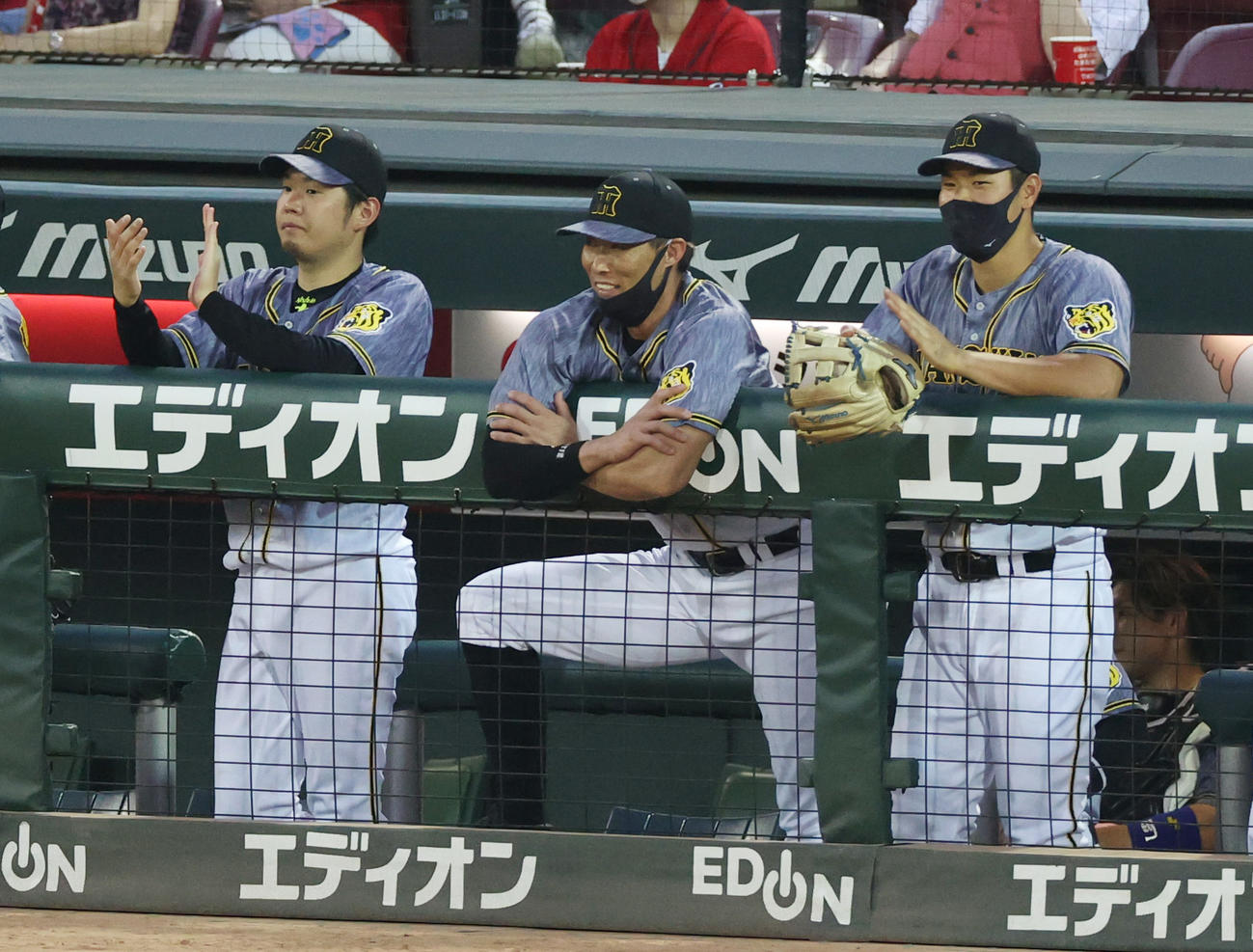 広島対阪神　5回表阪神2死一塁、安打を放った近本に拍手を送る西勇（左）、糸井（中央）、佐藤輝（撮影・清水貴仁）