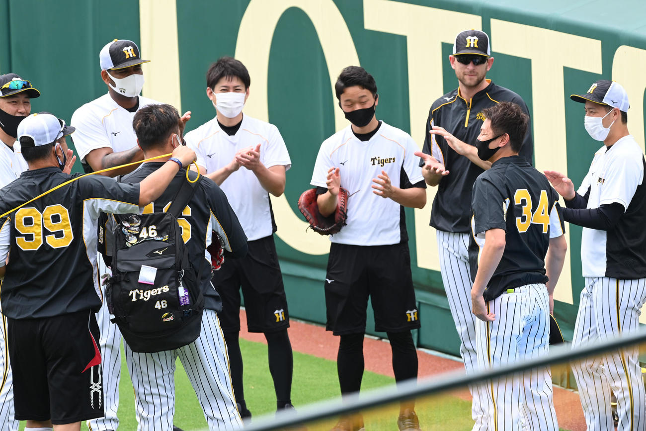 ナインにあいさつをする阪神二保（右から2人目）（撮影・前岡正明）