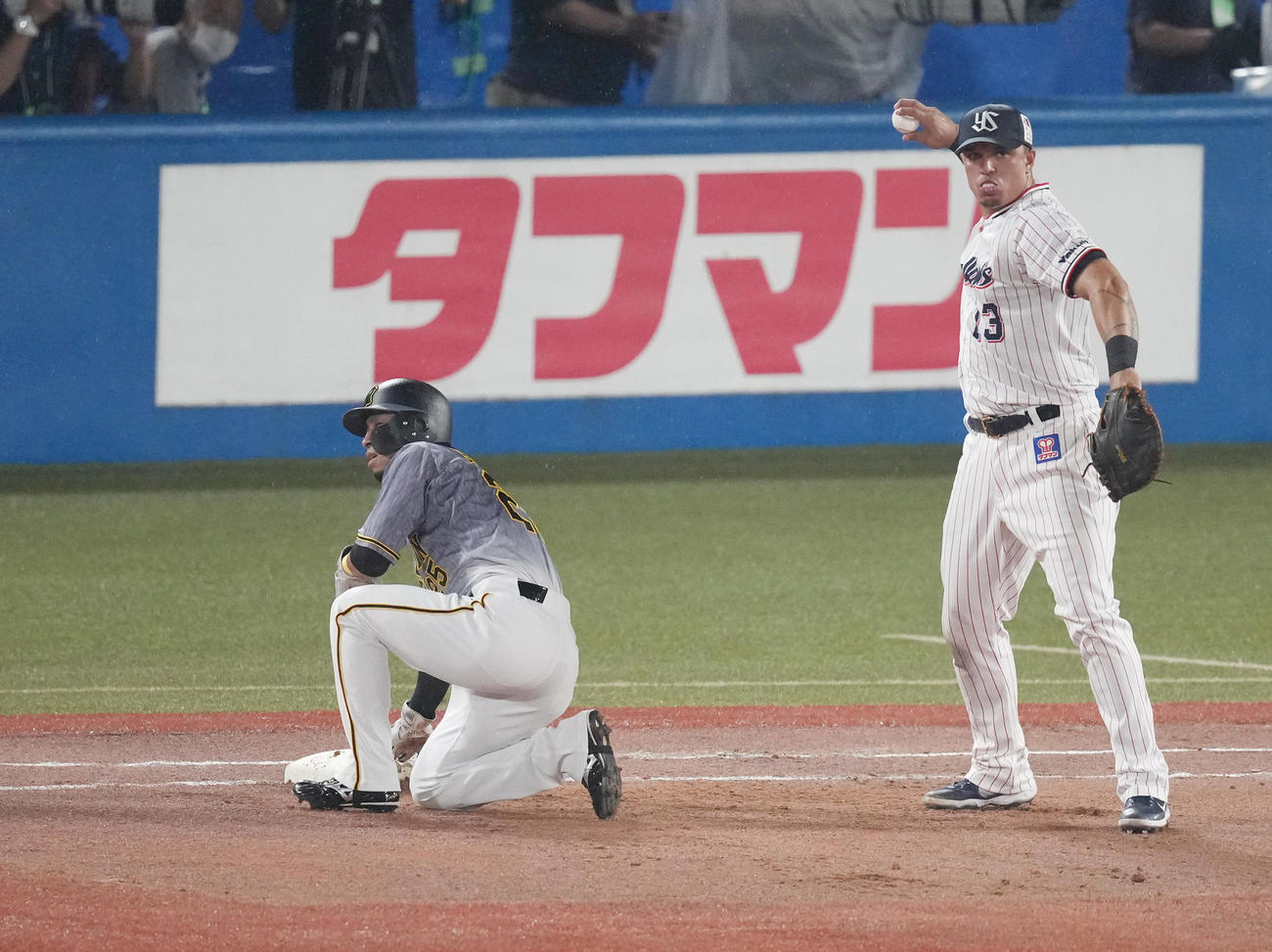 ヤクルト対阪神　8回表阪神無死一塁、投手からのけん制でアウトとなる代走江越（撮影・菅敏）