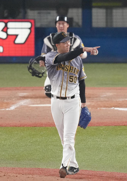 ヤクルト対阪神　8回、ナインに向かって指さす阪神青柳（撮影・菅敏）