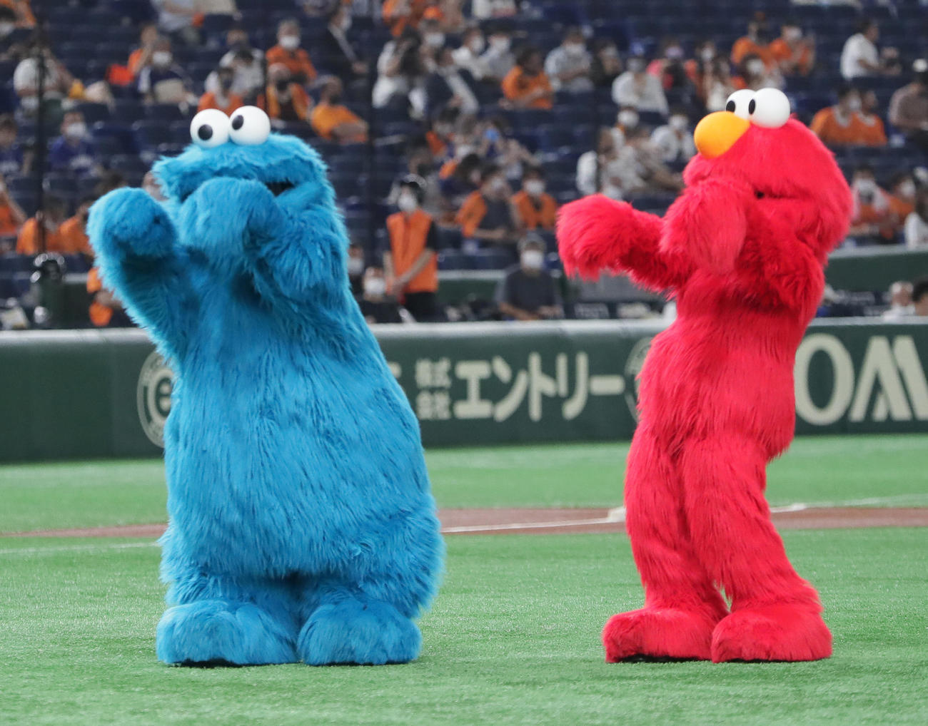 巨人対中日　始球式を行いベンチ向かってにグータッチを披露するユニバーサル・スタジオ・ジャパンのエルモ（右）とクッキーモンスター（撮影・足立雅史）