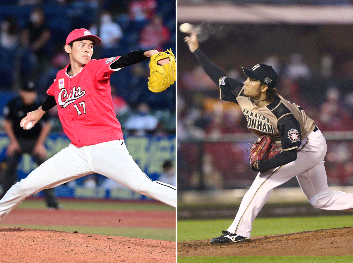 ロッテ佐々木朗希（左）と日本ハム伊藤大海