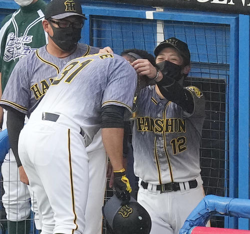 ヤクルト対阪神　2回表阪神無死、左越えに先制の本塁打を放ったマルテは、ベンチでメダルをかけてもらう（撮影・菅敏）