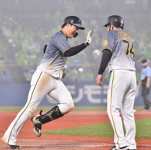 ヤクルト対阪神　8回表阪神2死二、三塁、右中間へ勝ち越し3点本塁打を放ち藤本敦士コーチと笑顔でハイタッチする大山悠輔（撮影・上田博志）