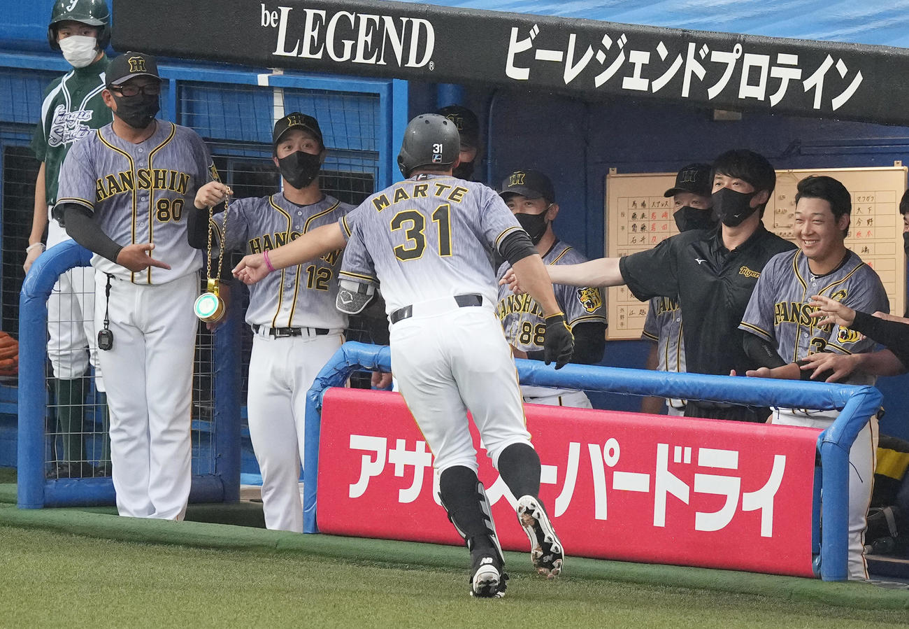 ヤクルト対阪神　2回表阪神無死、左越えに先制の本塁打を放ったマルテは、ベンチでメダルを取り忘れ慌てて戻る（撮影・菅敏）