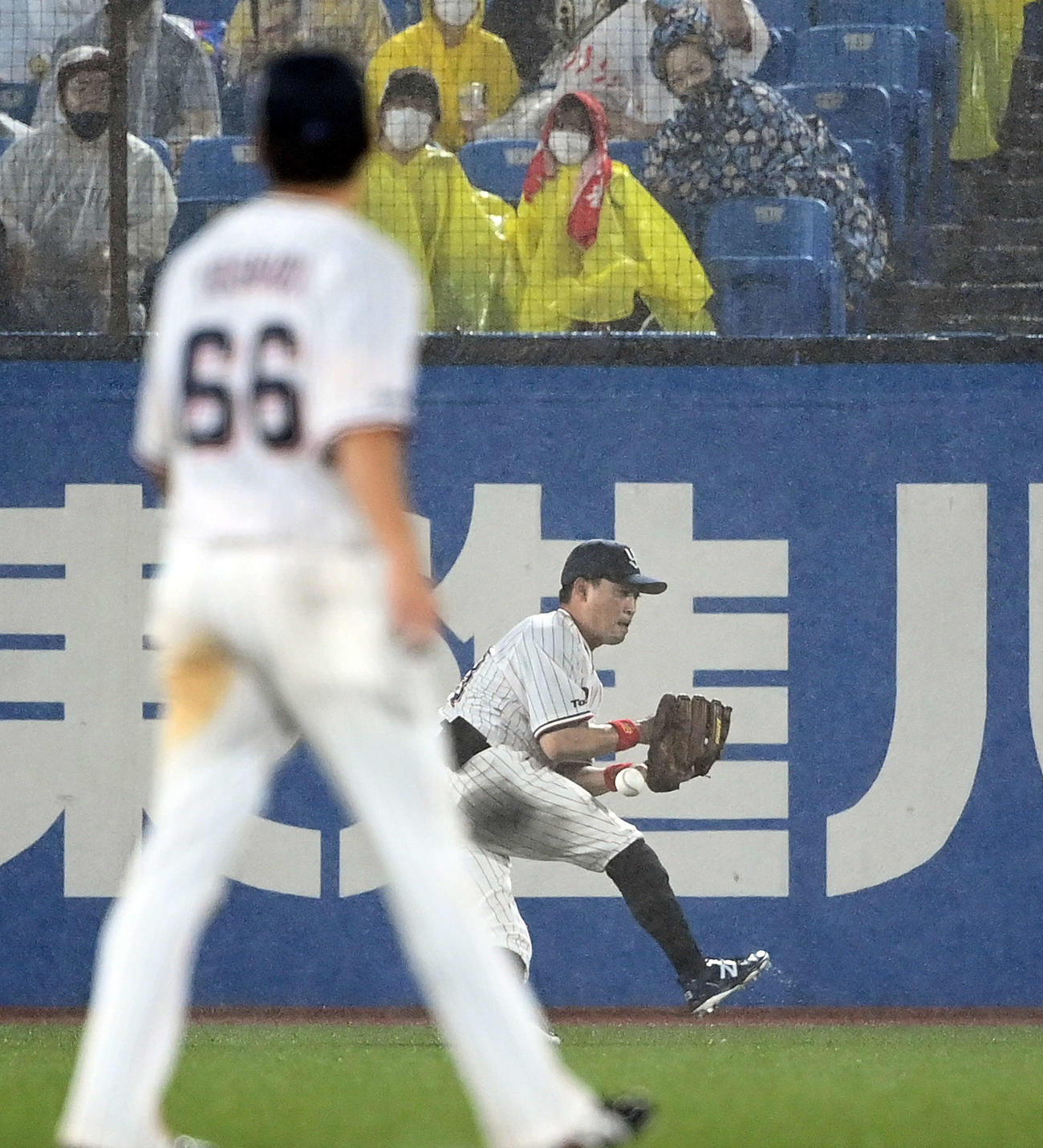 ヤクルト対阪神　8回表阪神無死、糸原の打球を落とす青木（撮影・たえ見朱実）