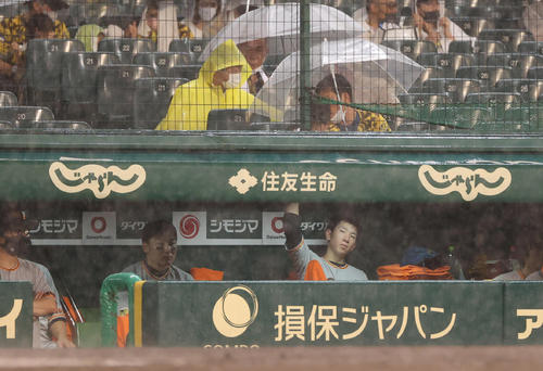 阪神対巨人　7回巨人無死二、三塁、試合が中断となり再開を待つ巨人戸郷（撮影・清水貴仁）