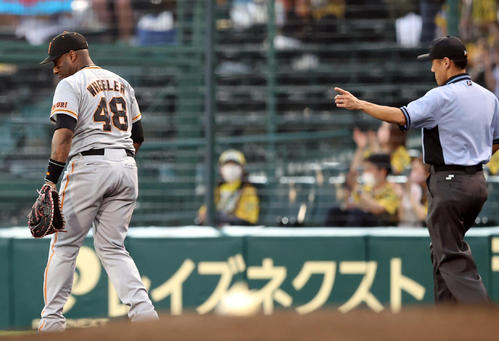 阪神対巨人　3回裏阪神無死、佐藤輝の打球を後逸するウィーラー（撮影・狩俣裕三）