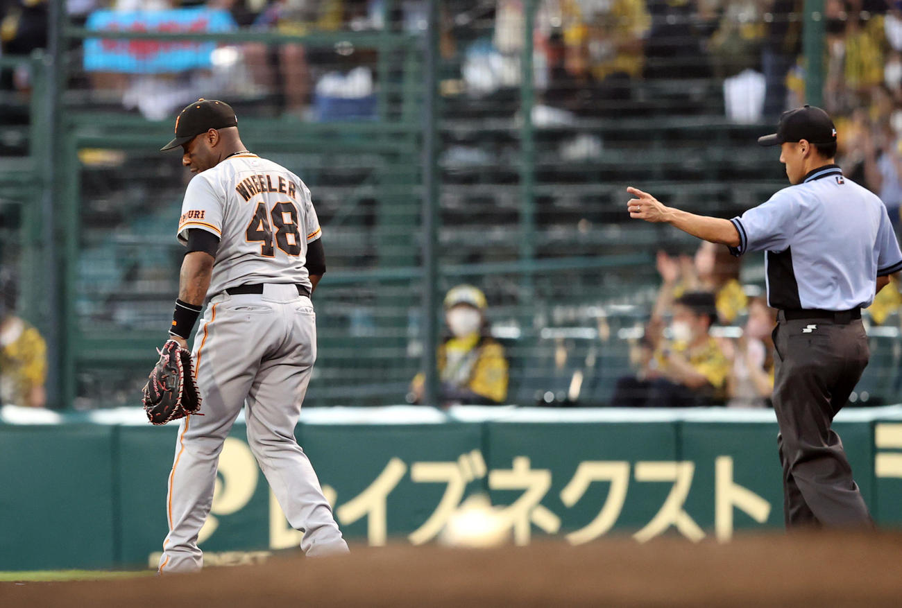 阪神対巨人　3回裏阪神無死、佐藤輝の打球を後逸するウィーラー（撮影・狩俣裕三）