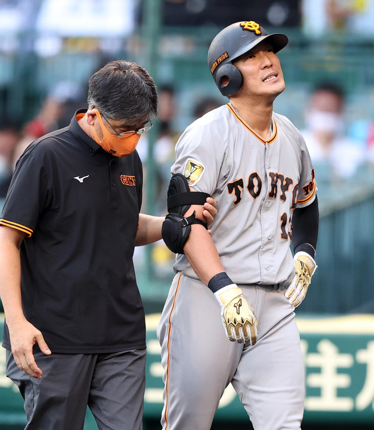 阪神対巨人　1回表巨人1死満塁、死球を受け、負傷退場する梶谷（右）（撮影・狩俣裕三）