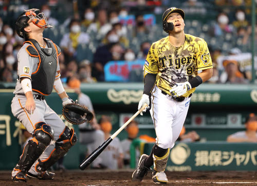 阪神対巨人　5回裏阪神無死、打ち上げ遊飛に終わる佐藤輝（撮影・清水貴仁）
