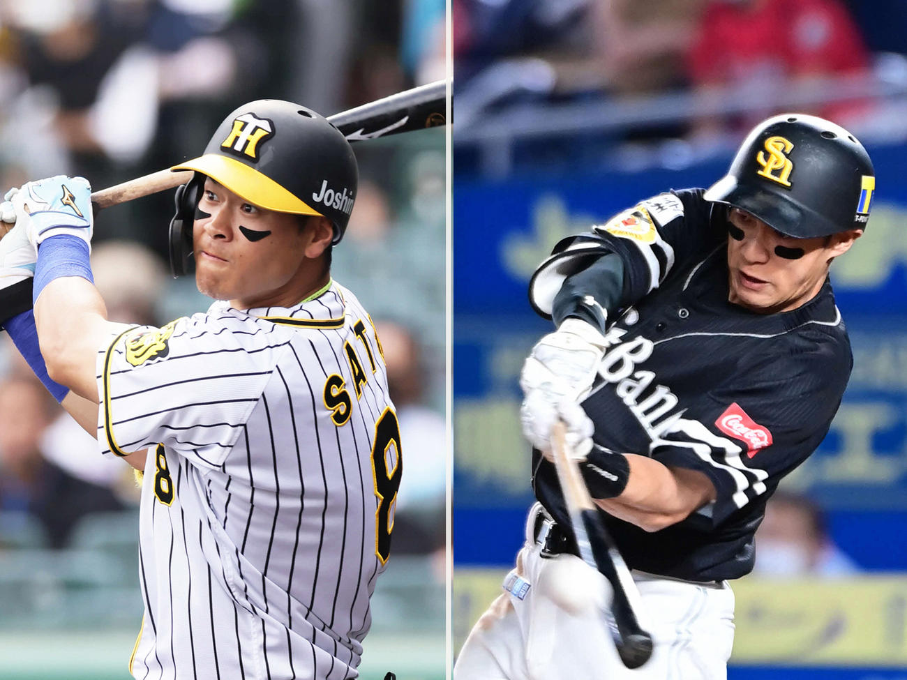 阪神佐藤輝明（左）とソフトバンク柳田