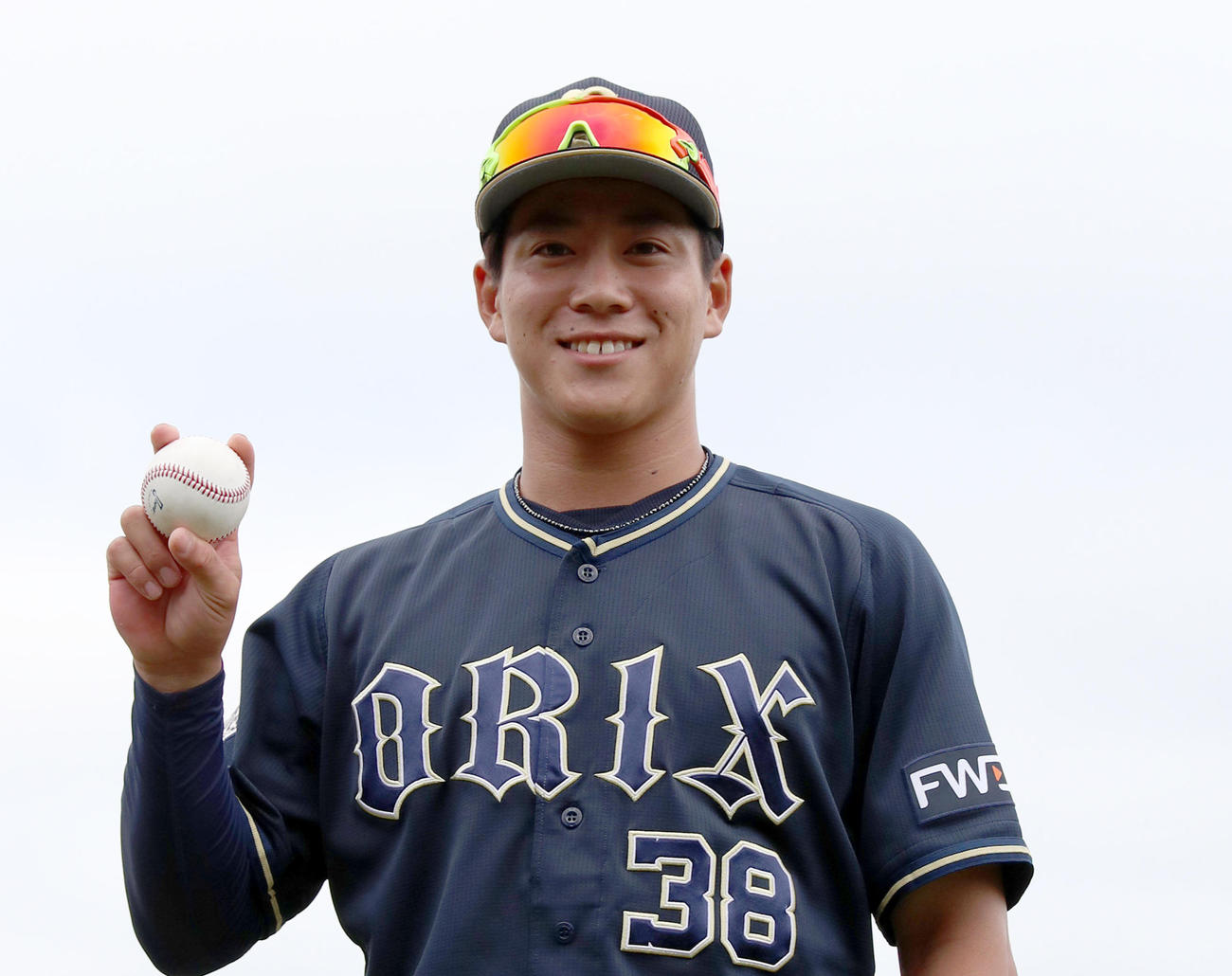 プロ初本塁打の記念ボールを手に笑顔で撮影に応じるオリックス来田（2021年7月13日撮影）