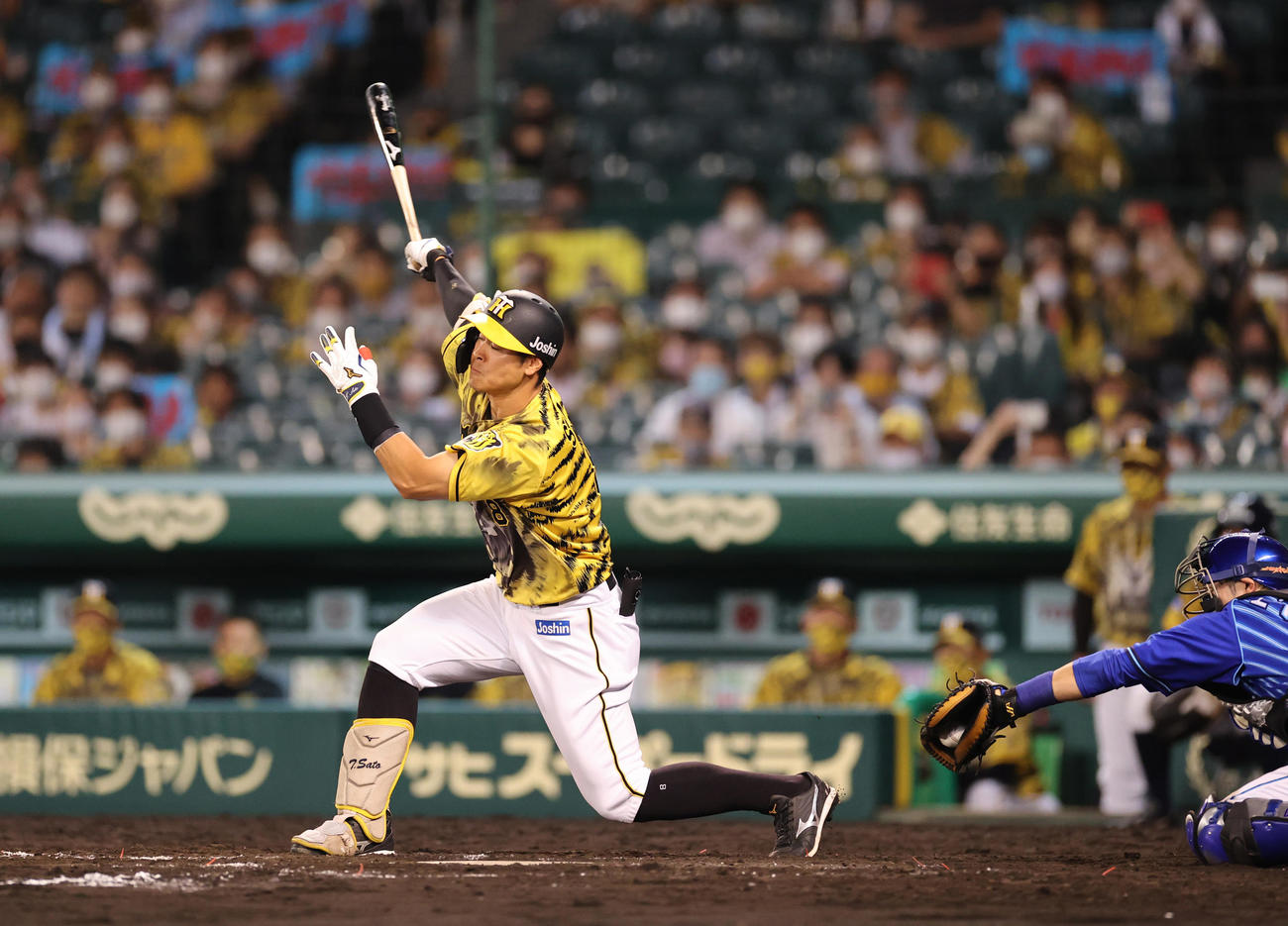 阪神対DeNA 8回裏阪神2死満塁、空振り三振に倒れる佐藤輝（撮影・清水貴仁）