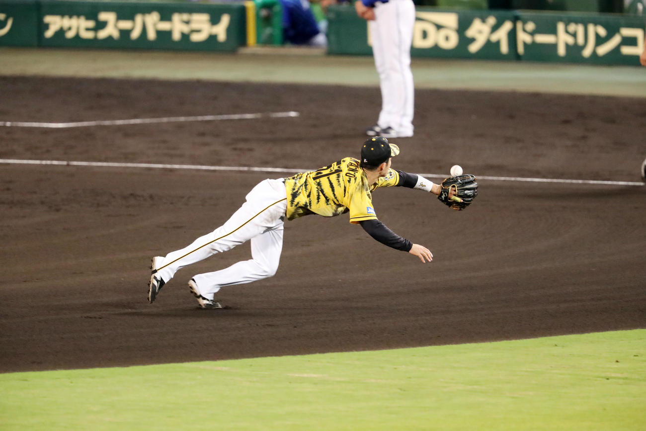 阪神対DeNA 7回表DeNA無死、中野は森敬斗の飛球を横っ跳びで好捕（撮影・加藤哉）