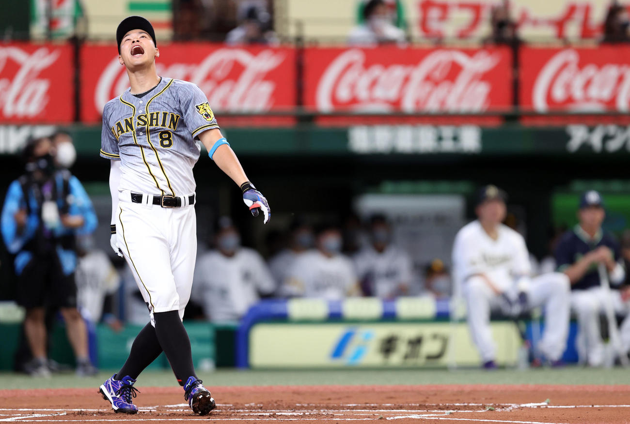 全パ対全セ　試合前のホームランダービーで、失敗し、悔しがる佐藤輝（撮影・狩俣裕三）