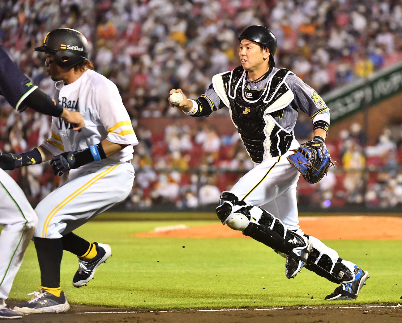 「マイナビオールスターゲーム2021」第2戦　7回裏全パ無死一、三塁、栗原陵矢の二ゴロで三塁を飛び出した松田宣浩にタッチする梅野（撮影・上田博志）