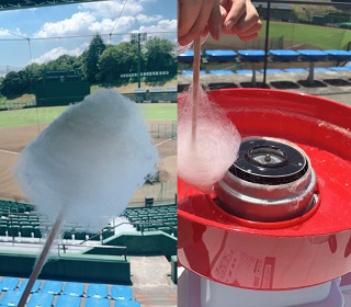 川崎市のジャイアンツ球場で体験することが出来るわたあめ作り（球団提供）