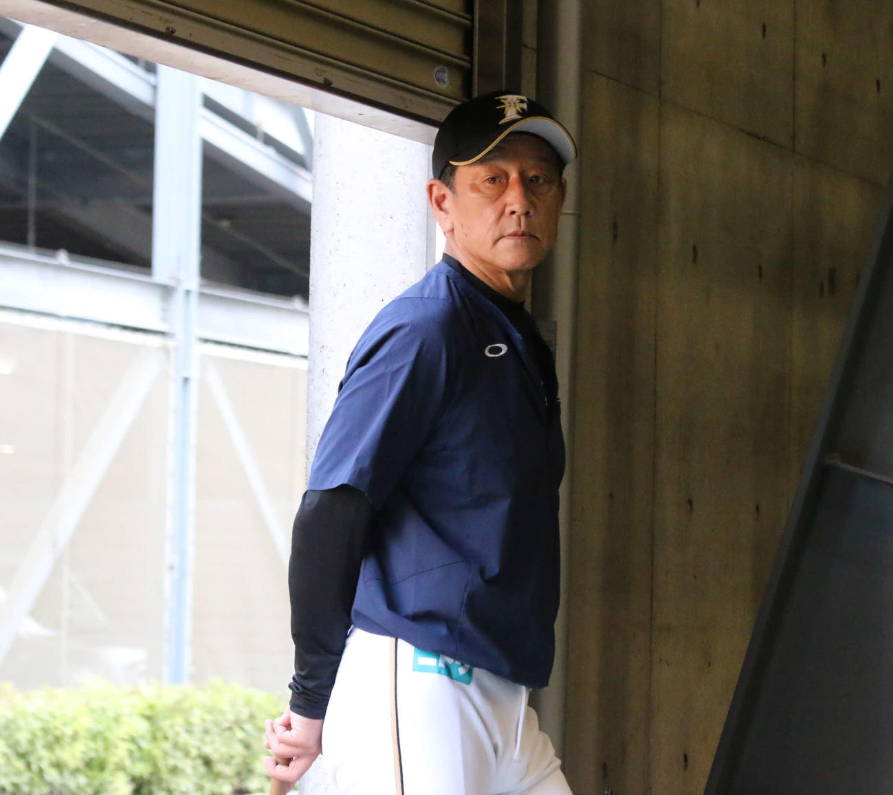 練習を見守る日本ハム栗山監督（撮影・中島宙恵）