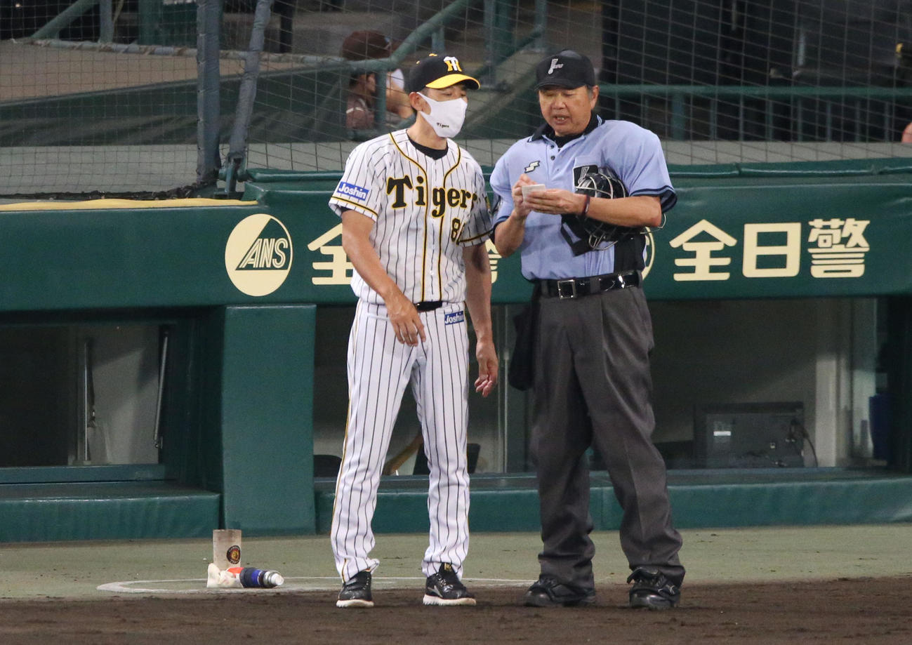 阪神対ロッテ　6回終了後、矢野監督（左）は主審に選手交代を告げる（撮影・上山淳一）