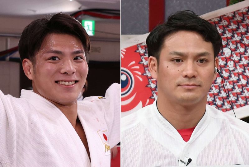 柔道金メダリストの阿部一二三（左）と広島田中広輔