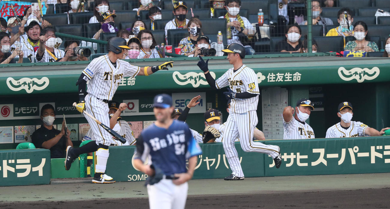 阪神対西武　1回裏阪神1死、佐藤輝明のゴロの間に生還する近本光司（中央）、左は糸井嘉男（撮影・白石智彦）