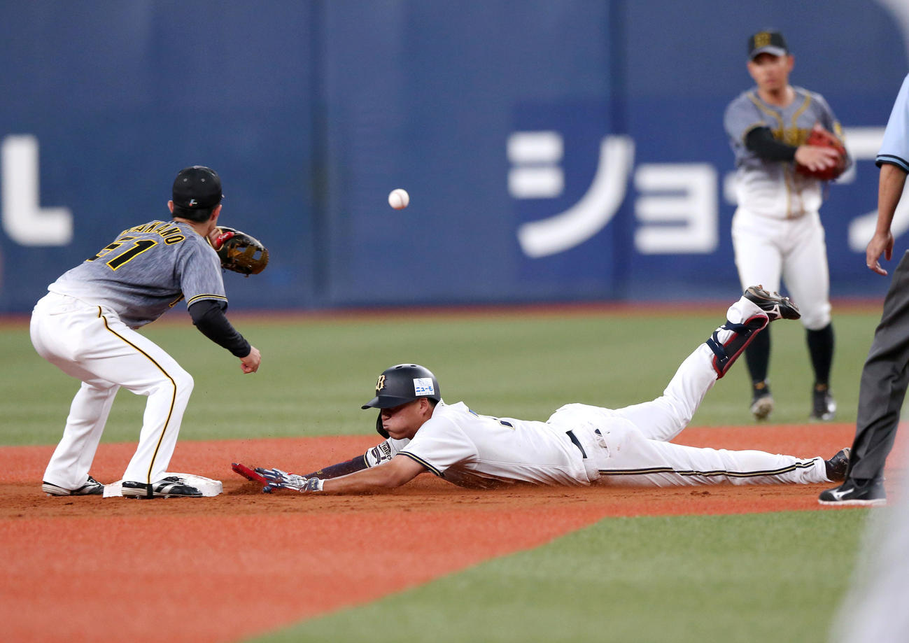 オリックス対阪神　3回裏オリックス無死満塁、来田は右中間に適時2点二塁打を放ち滑り込む（撮影・上山淳一）