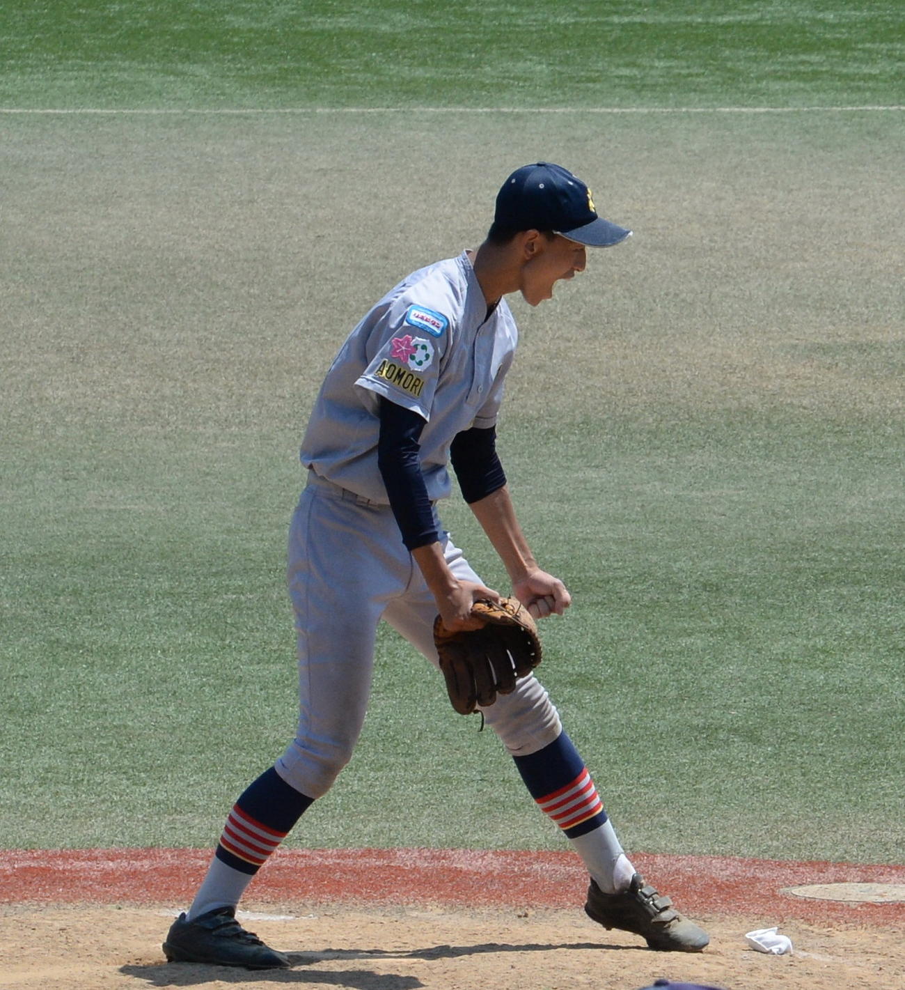 青森山田のエース・桜田は、最終回を3者凡退に抑え、雄たけびを上げる（撮影・濱本神威）