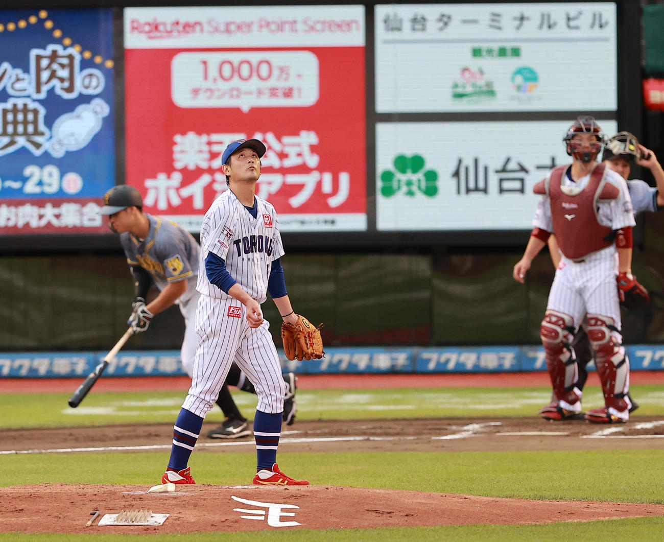 楽天対阪神　2回表阪神無死一塁、佐藤輝を左飛に仕留める涌井（撮影・野上伸悟）