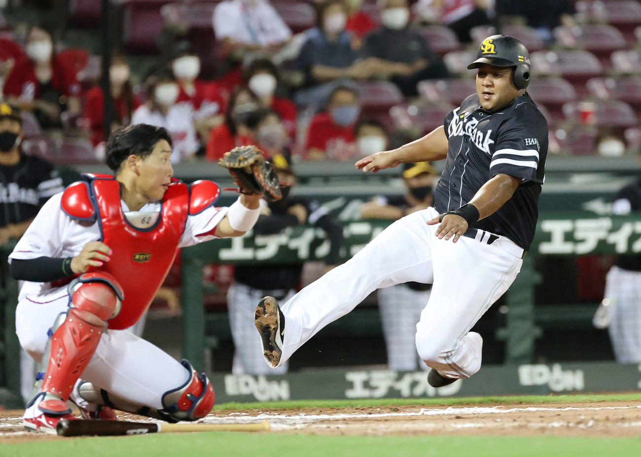 広島対ソフトバンク　7回表ソフトバン2死一、二塁、代打の川島の右適時打で二走のデスパイネは本塁へ。捕手は石原（撮影・加藤孝規）