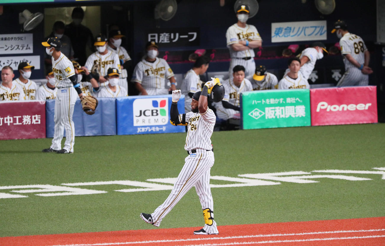 阪神対広島　2回裏阪神2死、ロハスは二直に倒れる。後方右は矢野監督（撮影・宮崎幸一）（撮影・宮崎幸一）