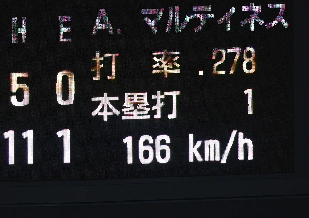 ビエイラの球速166キロを映し出す掲示板（撮影・山崎安昭）