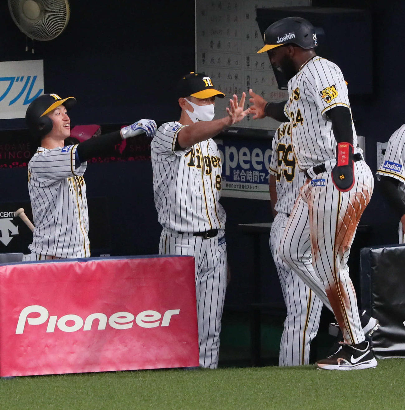 阪神対広島　2回裏阪神無死一、二塁、矢野監督（中央）は梅野の右前同点適時打で生還したロハス（右）を迎える。左は近本（撮影・宮崎幸一）