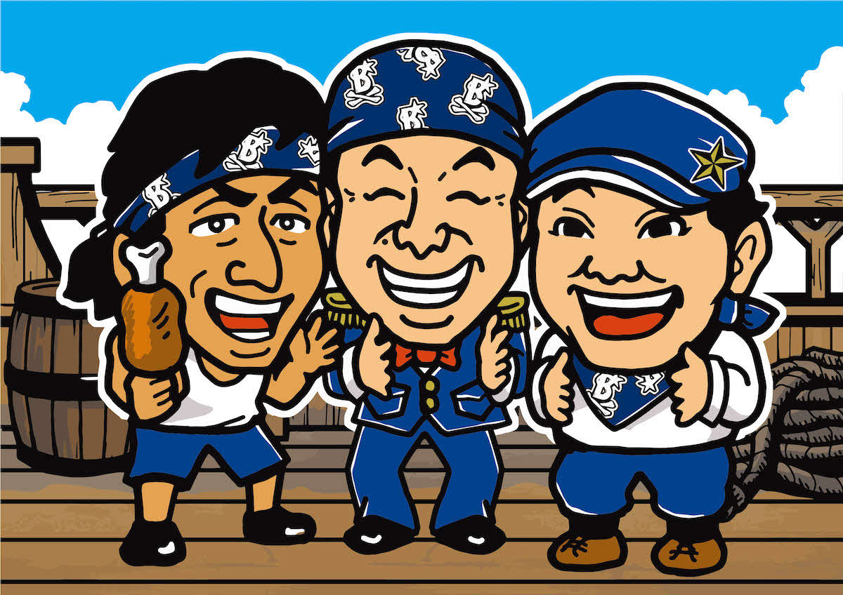 DeNAのスペシャルイベントに「DB海賊団」として参加するダチョウ倶楽部のイラスト（球団提供）