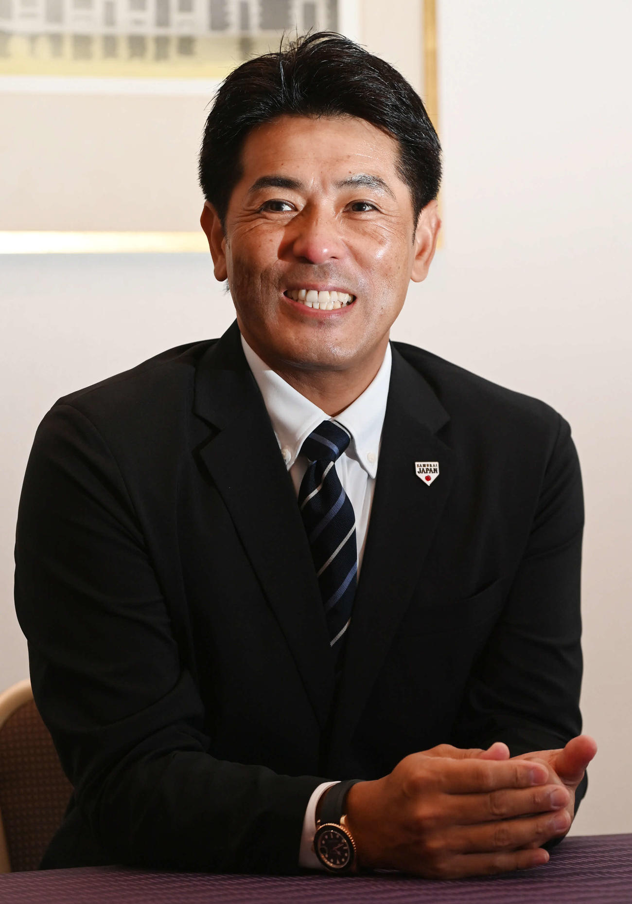 笑顔で侍ジャパンを振り返る稲葉監督（撮影・山崎安昭）