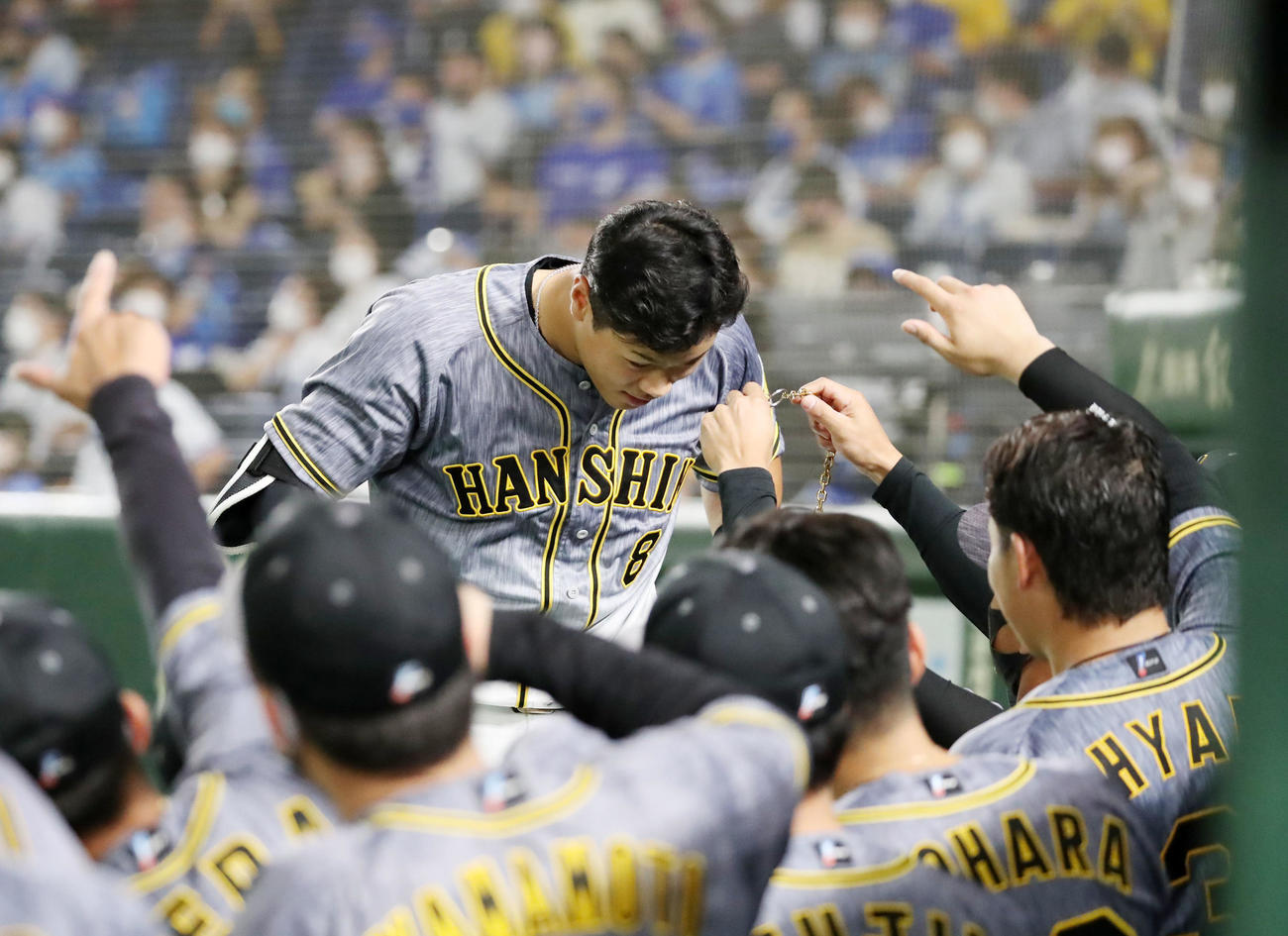DeNA対阪神　3回表阪神1死、佐藤輝は右越え本塁打を放ちベンチでメダルをかけてもらう（撮影・加藤哉）