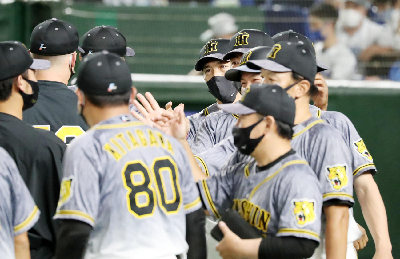 DeNA対阪神　DeNAに勝利しナインを迎える矢野監督（撮影・加藤哉）