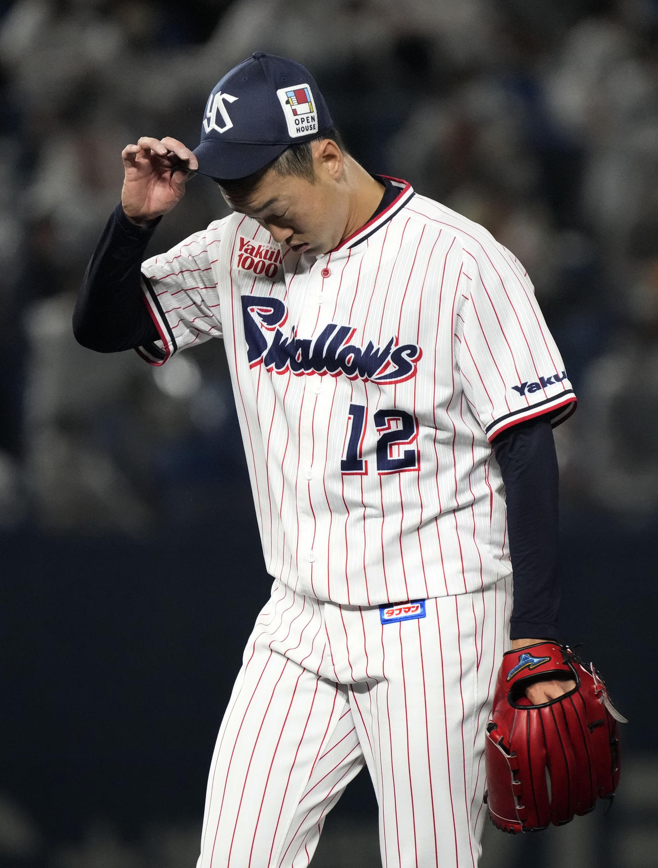 逆転を許した7回を終え、ベンチに戻るヤクルト石山（共同）