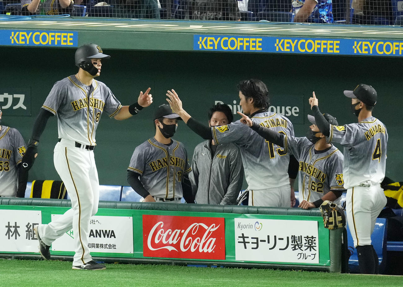 DeNA対阪神　5回表阪神無死一塁、ロハスの左翼線への適時二塁打で生還し藤浪（左から4人目）とタッチを交わす佐藤輝（左）（撮影・横山健太）