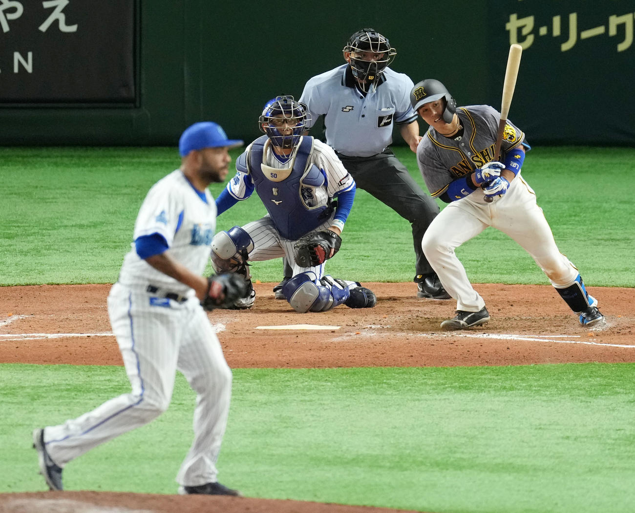 DeNA対阪神　7回表阪神1死一、二塁、左前適時打を放つ梅野（撮影・横山健太）