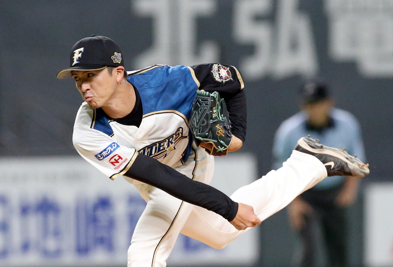日本ハム対楽天　7勝目をあげた日本ハム先発の上沢（撮影・佐藤翔太）