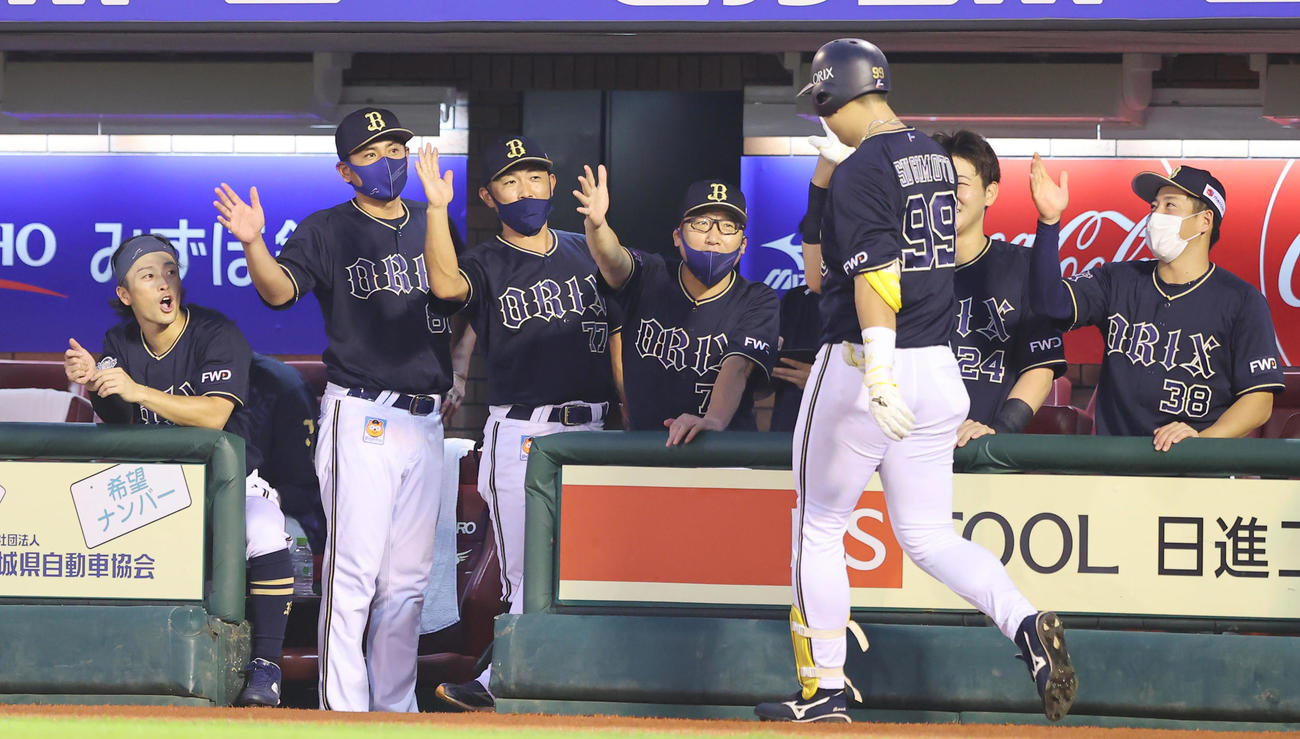 楽天対オリックス　2回表オリックス1死、左中間にソロ本塁打を放った杉本（99番）を出迎える中嶋監督（中央）らナイン（撮影・垰建太）