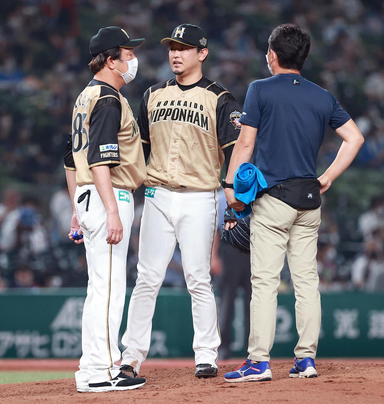 西武対日本ハム　5回裏西武無死、柘植に中前打を許した池田（中央）は荒木投手コーチを呼び、そのまま降板する（撮影・浅見桂子）